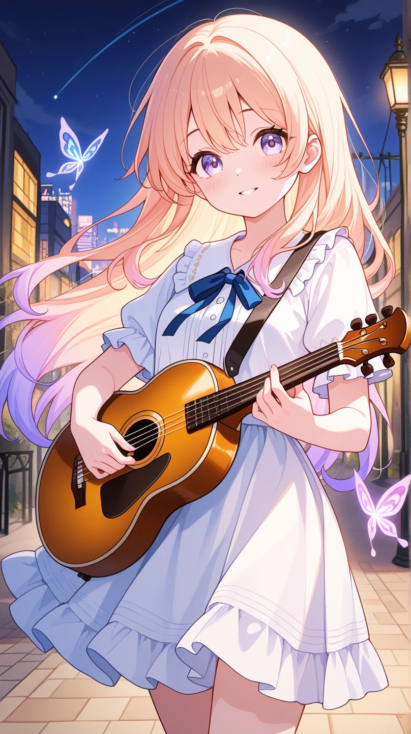 A young woman strolls down a colorful, dreamy street at night, holding a mandolin. Ethereal swirls of color flow around her, adding a magical atmosphere to the urban scene.