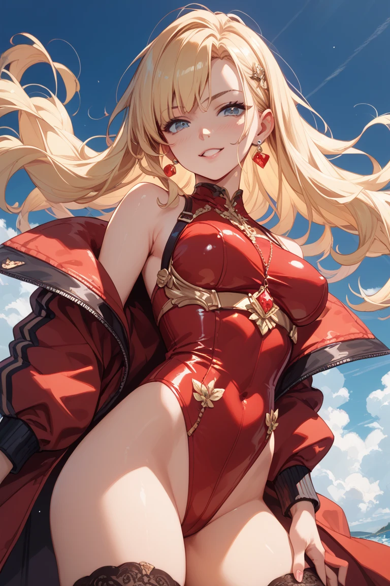high-level image quality、top-quality、Beautuful Women、1 persons、ssmile、embarassed expression、pony tail hair、swim wears、knee high、red cloak、santa、Santa Cosplay、、Super burst breasts、cinematlic lighting、Beautiful and perfect legs, Clean and perfect hands、,large full breasts, , ((blondehair, long wavy hair with bangs,,,,,,,,,,,,,)) ((20yr old)) blue eyes, Have a very sexy body, Full chest and narrow waist, And a very sexy body,Face、closed eye、Blushing cheeks、Arched back、less area underwear