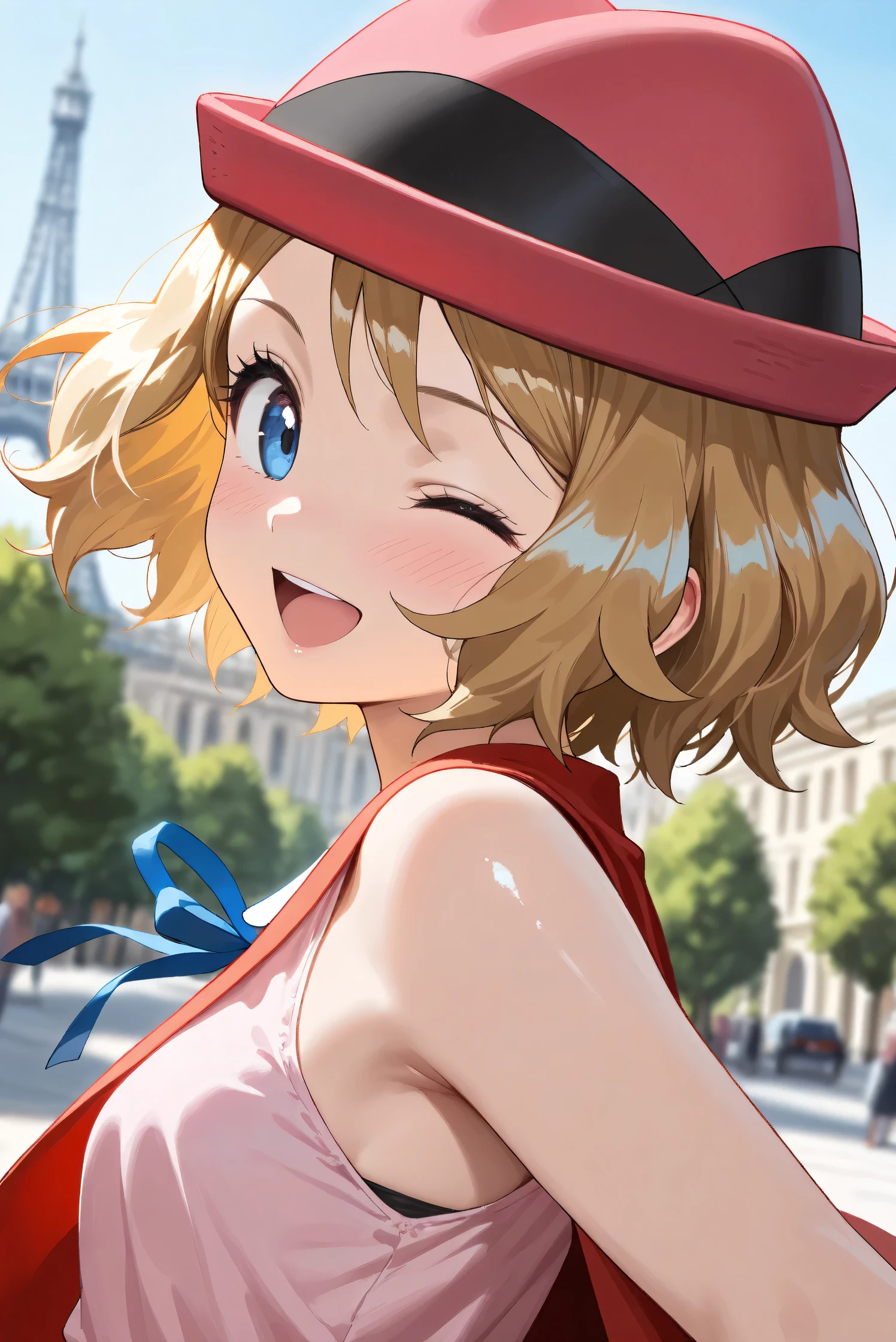 (Masterpiece), (Highest quality), (Very detailed),
(The best shape), (Best Shadow), (Absurd),
(Detailed background), (So beautiful), (Shiny),
(Extraordinary), (Countershading), (8k), (32K),
(High resolution), (Very Detailed CG), (UHD),
(Score_9), (Score_8_up), (Score_7_up), (Source_anime),
(Pastel painting:1.2), (Watercolor painting:1.2),
(Masterpiece, Detailed:1.2), (Foreshortening:1.2),
(Anime style),
(Cinematic), (Dramatic), (Depth of field:1.4),
(Blurry background:1.4), (Realistic background:1.4),
(Dynamic angle), (1 girl),
(Outdoor), (Wind), (Paris),
(portrait), (Focus on face), (Close up shot),
(Blush:1.3), (Happy), (Smile), (open mouth),
(looking back), (one eye closed),
(Shiny skin),
serena \(pokemon\), 1girl, blue eyes, eyelashes, short hair, blonde hair,
hat, neck ribbon, blue ribbon, pink shirt, sleeveless, bare arms, red jacket, pink skirt,