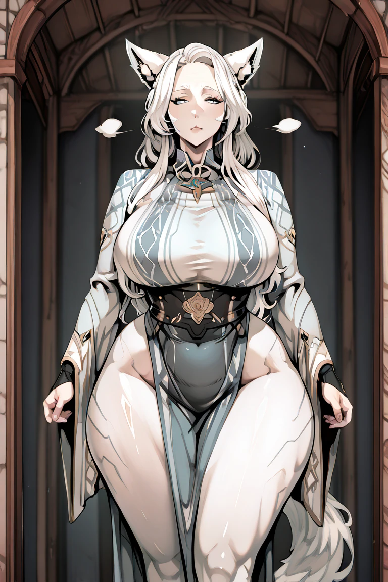 1 girl Big dark-skinned elf, grey hair, hot figure, big beauty, delicate and beautiful face, full body portrait, big eyes, beautiful face, big, transparent tulle, sexy and alluring, plump body, hands on chest, perfect body proportions