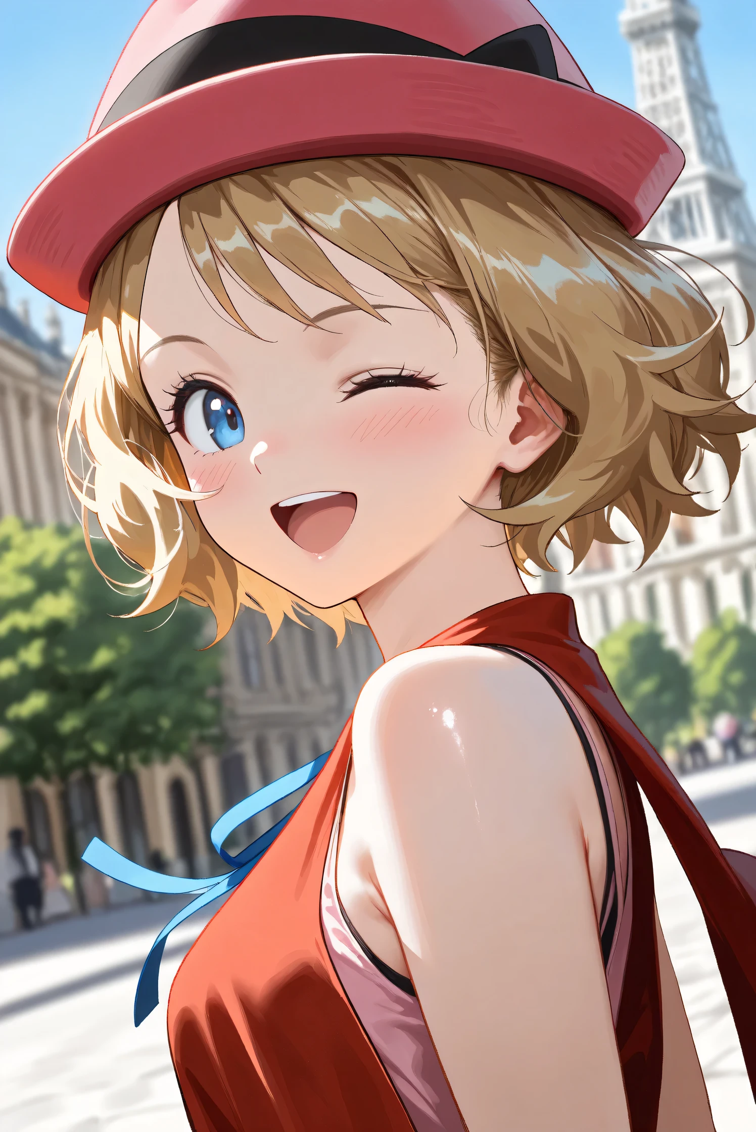 (Masterpiece), (Highest quality), (Very detailed),
(The best shape), (Best Shadow), (Absurd),
(Detailed background), (So beautiful), (Shiny),
(Extraordinary), (Countershading), (8k), (32K),
(High resolution), (Very Detailed CG), (UHD),
(Score_9), (Score_8_up), (Score_7_up), (Source_anime),
(Pastel painting:1.2), (Watercolor painting:1.2),
(Masterpiece, Detailed:1.2), (Foreshortening:1.2),
(Anime style),
(Cinematic), (Dramatic), (Depth of field:1.4),
(Blurry background:1.4), (Realistic background:1.4),
(Dynamic angle), (1 girl),
(Outdoor), (Wind), (Paris),
(portrait), (Focus on face), (Close up shot),
(Blush:1.3), (Happy), (Smile), (open mouth),
(looking back), (one eye closed),
(Shiny skin),
serena \(pokemon\), 1girl, blue eyes, eyelashes, short hair, blonde hair,
hat, neck ribbon, blue ribbon, pink shirt, sleeveless, bare arms, red jacket, pink skirt,