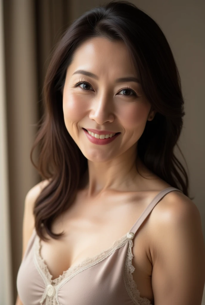 Perfect ???????, (((Staring at this:1.3))), Pale Perspective, Very detailed, Portrait of a mature woman, Medium Close-up, （((Light-colored underwear))）, Small bra, Small panties, Straight Front Angle, Mature Woman, Highest quality, high resolution,16K, (Emphasize the chest), huge , Saggy breasts, (((View your viewers)))、(((smile)))、((Long black hair))、(((Middle-aged plump figure)))