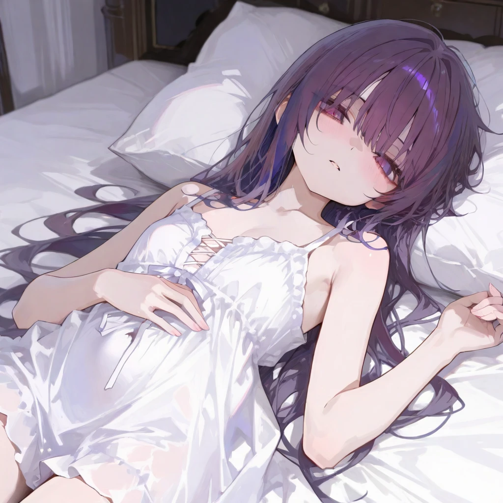 high quality, 最high quality、 Stylish design, (((The cutest girl))), ((Thin legs))、(((最high quality))), High resolution, ((detailed)), ((masterpiece)), ((Super detailed)), 14-year-old girl、Inner Color、((Lying on your back in bed)),((Light clothing,underwear)),((Sexual)),(((Shyness)))