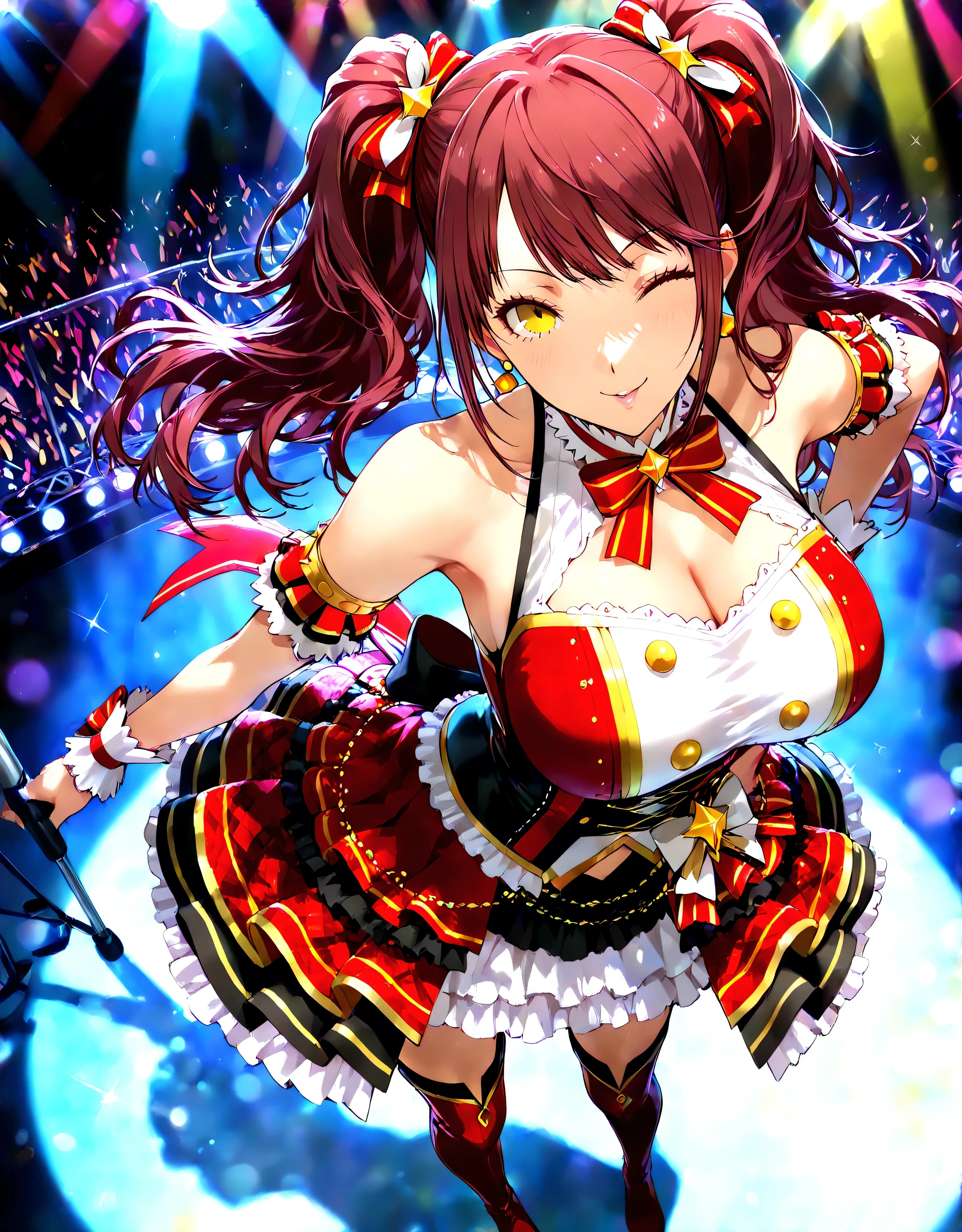 Kitasan Black, huge breasts, solo, masterpiece, gleaming skin, super detailed skin, shiny hair, milf, glamorous, seductive pose, idol clothes,full body,heat,),sweat,humid,point at viewer,laugh,idol stage,Singing,with a microphone,horse tails