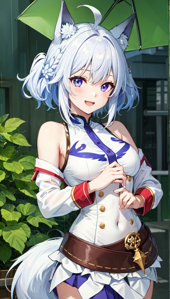 A woman with gray hair, red eyes, wearing a blue sleeveless shirt, wearing a white skirt, big breasts, smiling, in a pavilion in a garden
