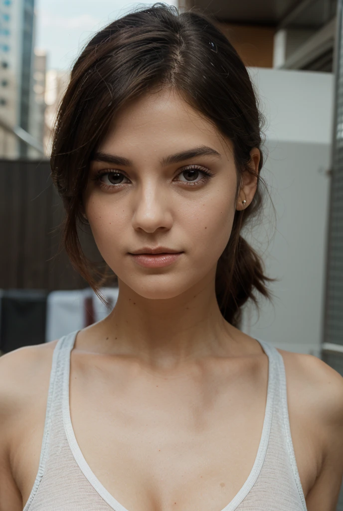Buetifull femnine bman with tan skin, long curly dark brown hair parted to the side shaved sides, white tanktop, grunge looking man, femnine badass looking guy, smooth skin, long curly hair, femnine face, male, femboy, femboy, close up,