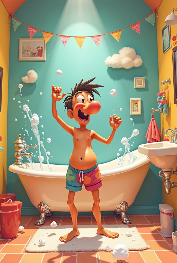 sitting on toilet bowl while doing bath, toons style