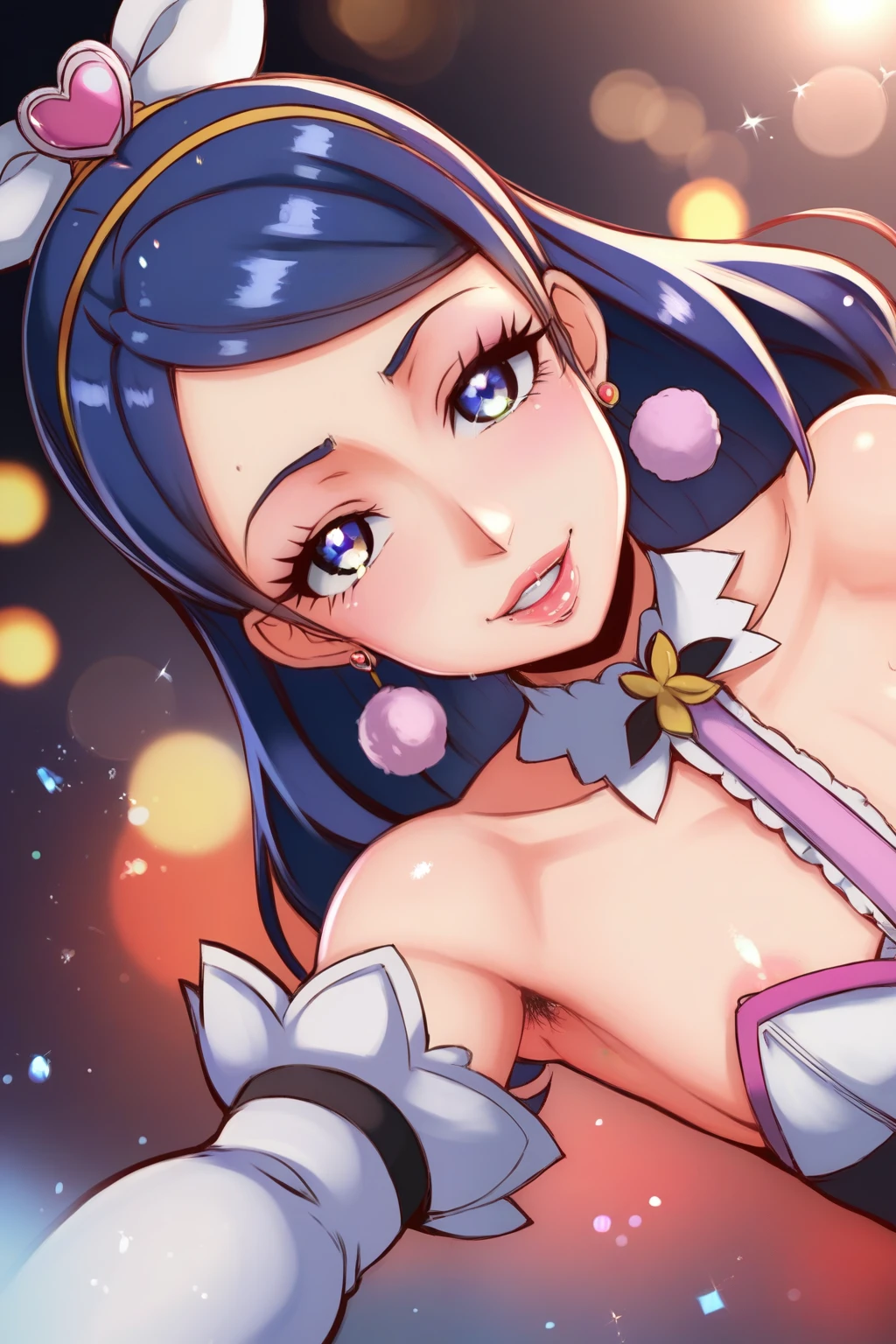 score_9, score_8_up, score_7_up, Source_Anime, nsfw,Pretty Cure,cure white,Young people lower their left leg、Stand up and dance、small、flat chested,4K、High Quality、realistic、HDR、ultra fine、Experts turn slightly to the right、bright color、Bokeh、Fantasy、Anime,depth of subject,fisheye lens,Bokeh,glitter,Pretty Cureスタイル,glitter,