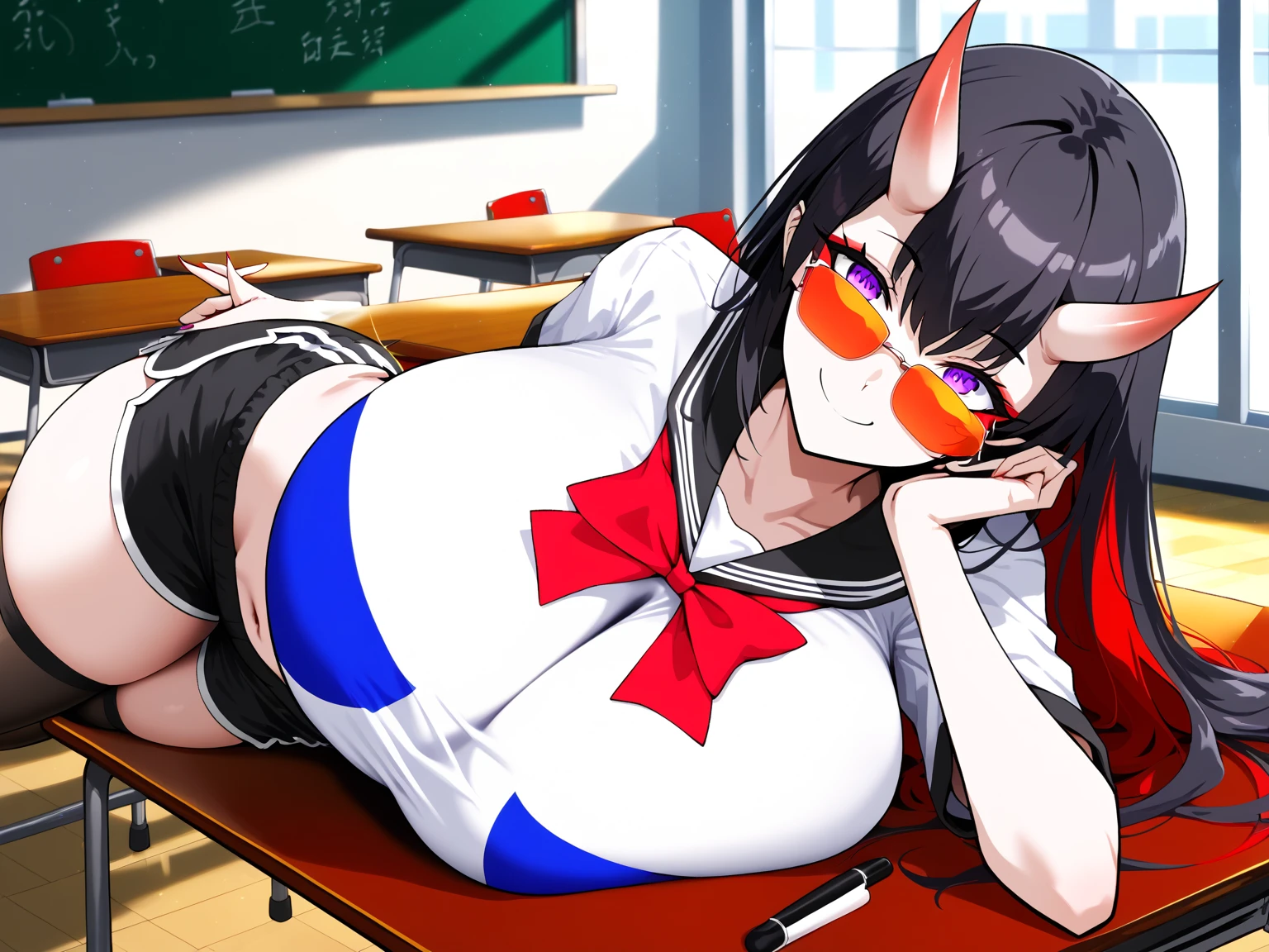 ​masterpiece、top-quality、1 girl in、red hairs、shortsleeves、cleavage of the breast、short-hair、eye glasses、anime styled、High School Uniforms、high quality fingers、lightsmile、The upper part of the body 、Skirt Fold、Fluffy clothes、portlate