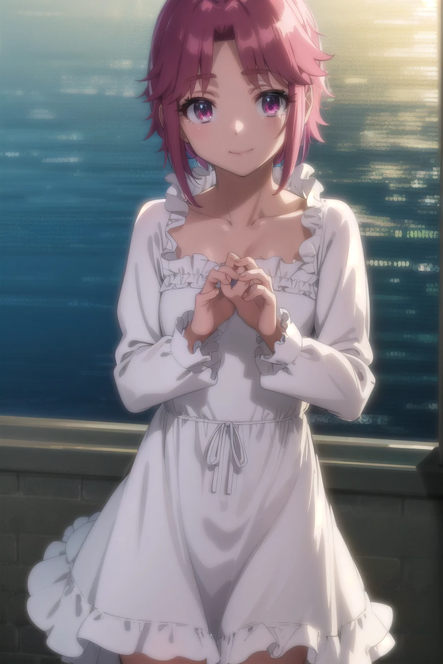 masterpiece, best quality, roxanne, dog ears, fluffy dog ears, collar, sundress, looking at viewer, garden, autumn, sunset, large breasts, ass, smile edgYSD, woman wearing a sundress, very voluminous very fluffy very long dog tail, dog tail starts immediately above butt, dog tail starts from skin, entire dog tail visible, short hair, bloomers, flushed skin, blushing face, red cheeks,  lewd smile, slightly open mouth, gravure, pinup, very long legs, no ears, open-back dress