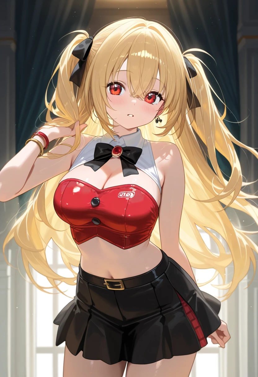 (masterpiece, best quality:1.2), 1girl, solo, long hair, blonde hair, twin tails, red eyes, red ribbons, hair ribbons, bangs between eyes, seductive face, large breast, under boob, navel