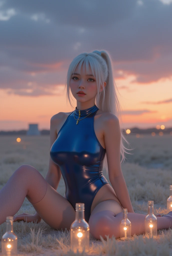 Korean beauty, woman, white hair, open legs, one-piece swimsuit, jeans