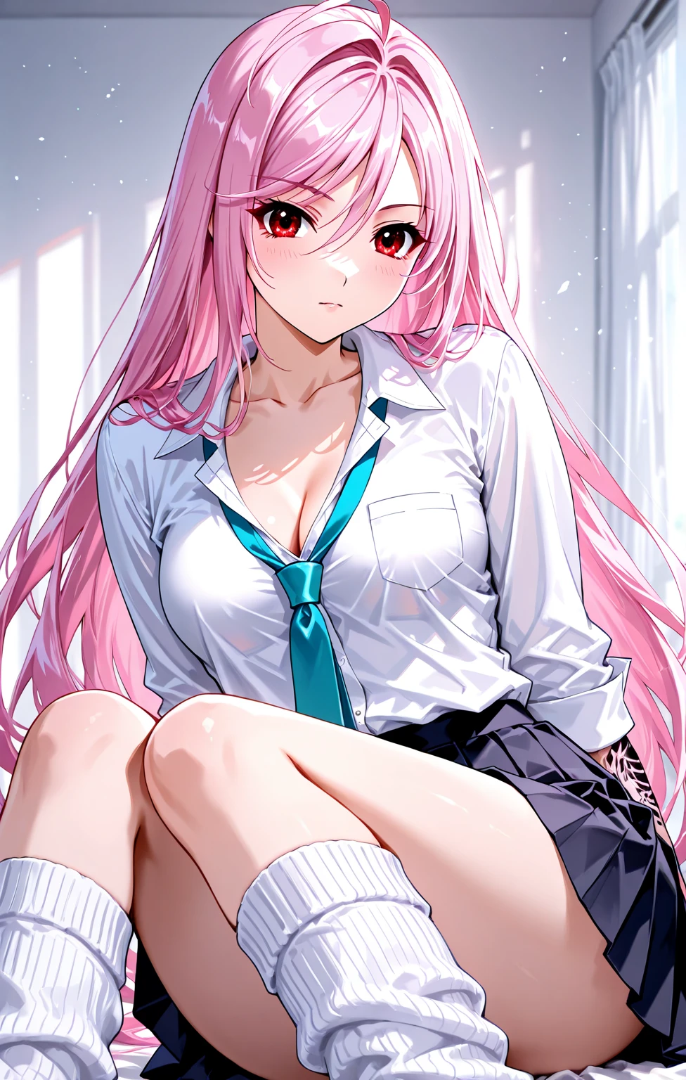 Pink White Long Hair，Microvolumes，dual horsetail，，huge tit，Pink eyes，chiquita，Hair curtains，sit on chair，In school，Holding Erlang's legare legged，close-up on legs，Long legs，A bottom-up perspective，hand on leg，，Clothes soaked with sweat，The chest  high，The look of holding your head up and your chest up，Wears white off-the-shoulder short sleeves，a black skirt