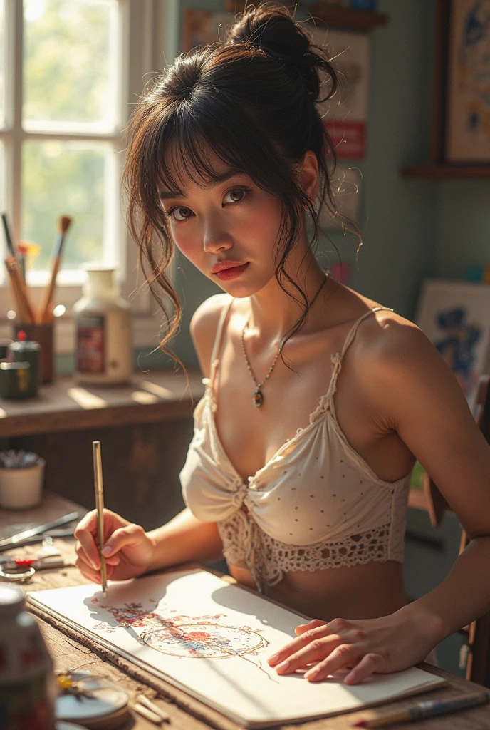 hyper realistic very pretty young female artist curly short hair at the lake working on a paper canvas abstract art painting on table desk art art, hyper realistic cinematic photo, hyper beautiful garden, no cartoon, no painting, only realistic photo