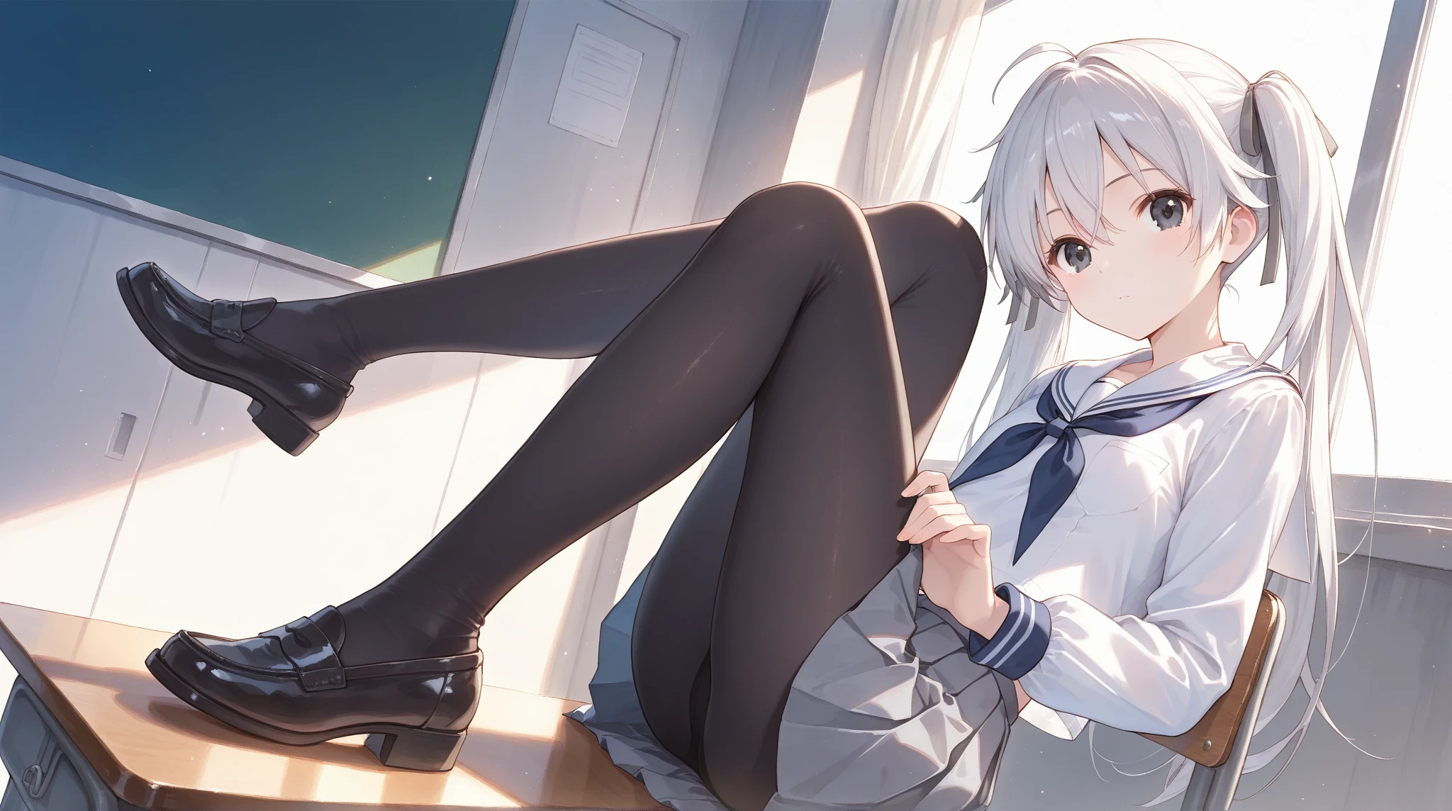 finest, masterpiece, High resolution, (Full body view from head to toe), Composition from the front and slightly below, symmetrical composition, Composition with accurate balance throughout the body、18 years old, slim and beautiful girl, alone, (small breasts), (not wearing shoes),messy hair, bangs, (black tights), (black pantyhose), (sitting on the floor with legs apart), (A pose in which the legs are spread apart on the bed), tied up with both arms hidden behind the back, (Composition showing white panties), (her legs spread、I can see white panties.), (Open mouth with a pained expression), blush, shy big eyes, looking at camera, blazer uniform, plaid pleated skirt