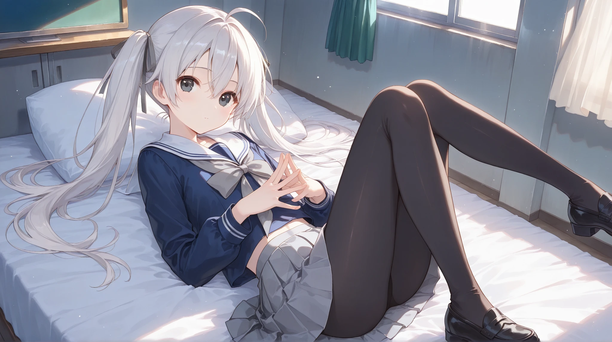 (1 girl),(high quality), (High resolution), (extremely detailed), (8K),(focus on lower body),(CG),high school girl、18-year-old girlfriend、girls high school uniform、navy pleated skirt、panties、(black pantyhose:1.2),erect nipple shape,No shoes、(neutral white lighting),Silver hair
