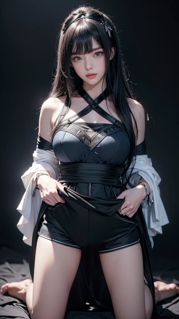 masterpiece, highest quality, Super detailed, Facing the camera, 複雑に詳細なSuper detailed, Realistic, Sharp features, Very detailed, Sharp focus, Perfect Face, Perfect Face, Perfect symmetrical perfect eyes, Perfect Plump Lips, Flexible female form, Cinematic, Film Light, Super detailed, hyper Realistic, masterpiece, Atmospheric, High resolution, Vibrant, Dynamic Studio Lighting, ((Dark Background)), The expression when enduring pleasure, Straight bangs, blue eyes,Sexually aroused expression、Her black thong shorts are visible through the fabric、(((Lean forward with your legs apart))),((Buckshot))