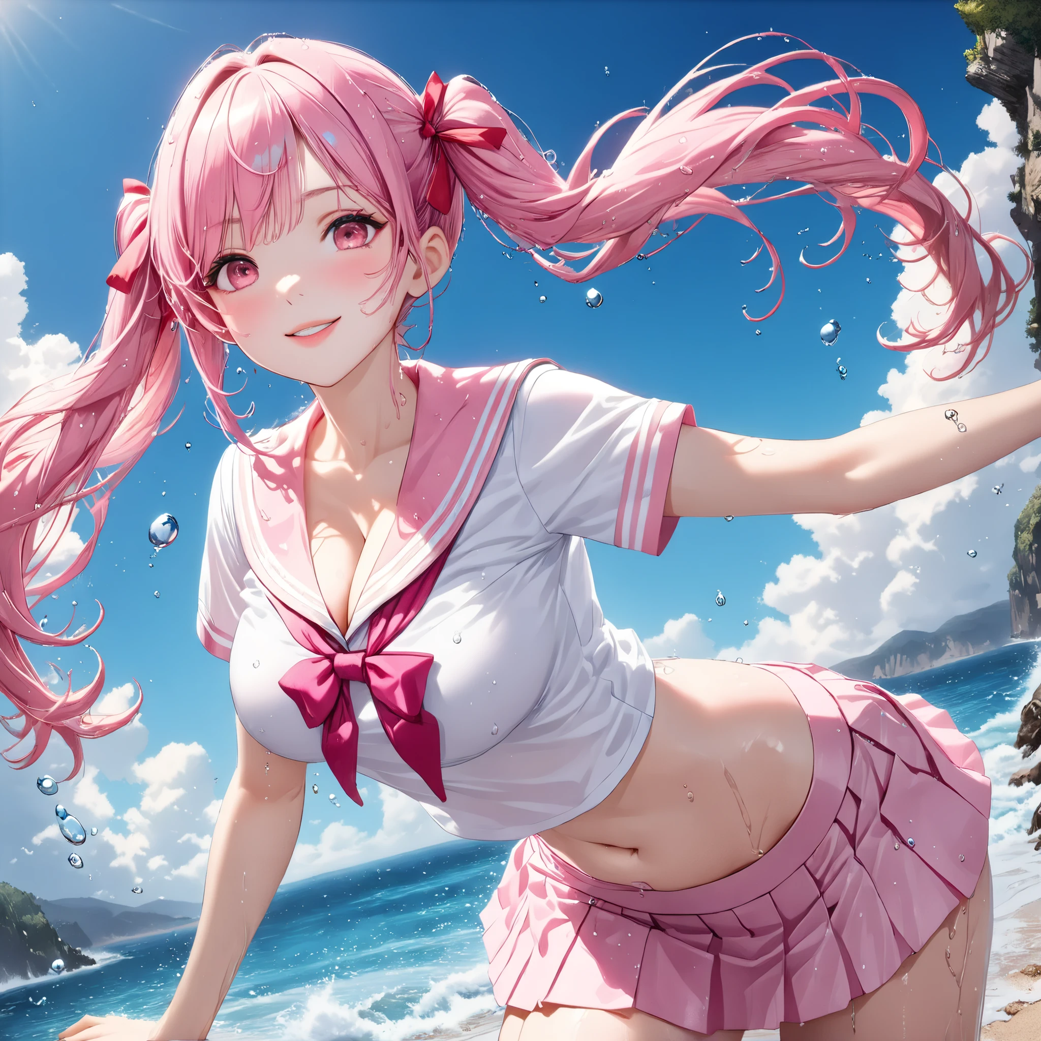 VTuber、Futaba Kitakami、pink hair、twin tails、See-through sailor suit、big breasts、tits