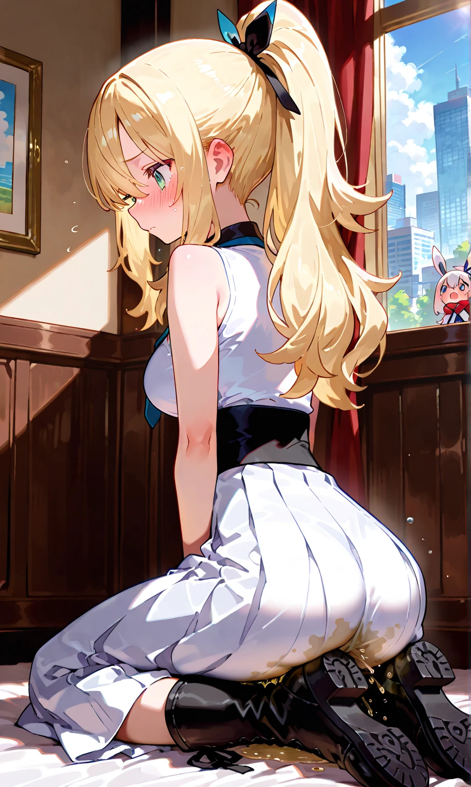 (tmasterpiece), (Best quality at best), (ultra - detailed), A beautiful anime girl standing in a room with flowers and sunshine 1 girl, Alone, nedium breasts, Sam, looking at viewert, a skirt, stocklings, eBlue eyes, Lace white stockings, Large breasts, underdressing, upper legs , sliver long hair, Panties that are not very transparent, White sheer panties, Square cutout at the top of the back, from back, back to look back, Crop top, short- sleeved, The shirt, cow boy shot, white shirt, White dress, mini-skirts, a plant, indoor, pigtails, charming anime girls, Curvy Lolita raises her arms. (realisticlying)), ((Fantastic background)), Surreal, ultra - detailed, hyper HD+16K resolution