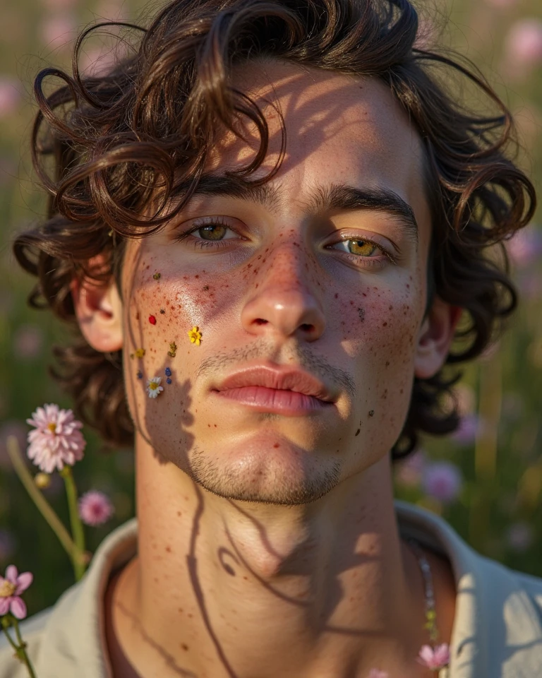 Envision a photograph of a male model standing in a field of lush purple flowers, inspired by the soft, poetic aesthetic of photographers like Bruce Weber or Herb Ritts, who often captured the intersection of nature and human form with a sensual, dreamlike quality. slender and lean, toned build with a light dusting of chest hair, evoking a natural and earthy appeal. He holds a small cluster of purple flowers close to his face, covering one eye, creating an air of mystery and intimacy while also harmonizing with the surrounding floral environment.
The model stands upright in a slightly relaxed posture, his torso subtly angled to the camera, allowing the light to highlight the natural contours of his physique. His expression is serene and reflective, contributing to the tranquil atmosphere of the image. He wears only dark green rope, further emphasizing his connection to nature and the rawness of the moment.
The composition uses a medium framing, keeping the model’s upper body in focus while the background is rich with softly blurred greenery and wildflowers. The lighting is natural, with soft daylight illuminating the scene, creating warm tones on the model’s skin while enhancing the purples and greens in the environment. This gives the image a calm, almost surreal atmosphere, with the light and colors playing off each other harmoniously.
The camera is positioned at eye level, allowing the viewer to connect directly with the model, while a 50mm or 85mm prime lens would capture this scene beautifully, keeping the depth of field shallow to subtly blur the background while maintaining the sharpness of the model and the flowers he holds. This framing highlights the delicate balance between the rugged masculinity of the model and the softness of nature around him, drawing inspiration from classic fashion and fine art photography, where themes of nature, sensuality, and human connection intertwine seamlessly. The photograph could evoke a sense of peaceful contemplation,