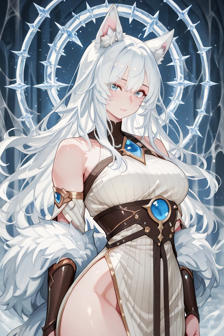 Highest quality, masterpiece, Ultra-high resolution, female、獣族のfemale王、Big Super Boobs、Tied waist、White skin、Snow Fox Beastman、Kemomimi、tail、single、Clothing that accentuates the contours of the body、Short skirt、valley、fascinate、Hands on hips、Confident
