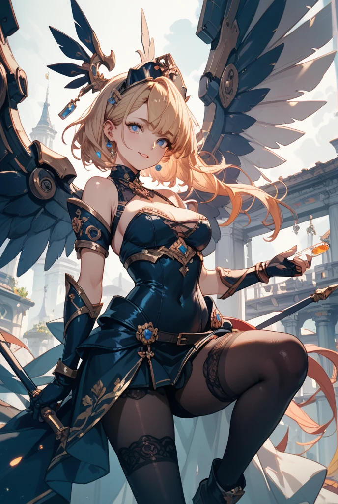 (masterpiece), (best quality:1.4), (perfect anatomy:1.4), high quality, expressive eyes, full body, tall girl, detailed face, beautiful face, perfect face, detailed ((blonde hair)), (green hair), {{pale skin}}, chimera, large breasts, thick thighs, very long hair, bare shoulders, denim, (short shorts), dynamic lighting, high resolution, 4k resolution, dynamic pose, silver jewelry, {fantasy background}, choker, animal ears, cat ears, ((lion ears)), {{snake head tail}}, snake tail, (tail), ((multicolored hair)), thigh-highs, horns, goat horns, dragon horns, curvy, ((monster girl)), heterochromia, red eyes, icy blue eyes, feathered wings, claws, thigh gap, white shirt, brown leather jacket, cowboy hat, midriff, oversized crossbow, crossbow, 