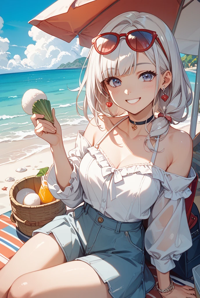 Close up portrait of one girl, swimsuit, bikini, elf, silver hair, red eyes, bob cut, seaside, playing, laughing, concept art, official art