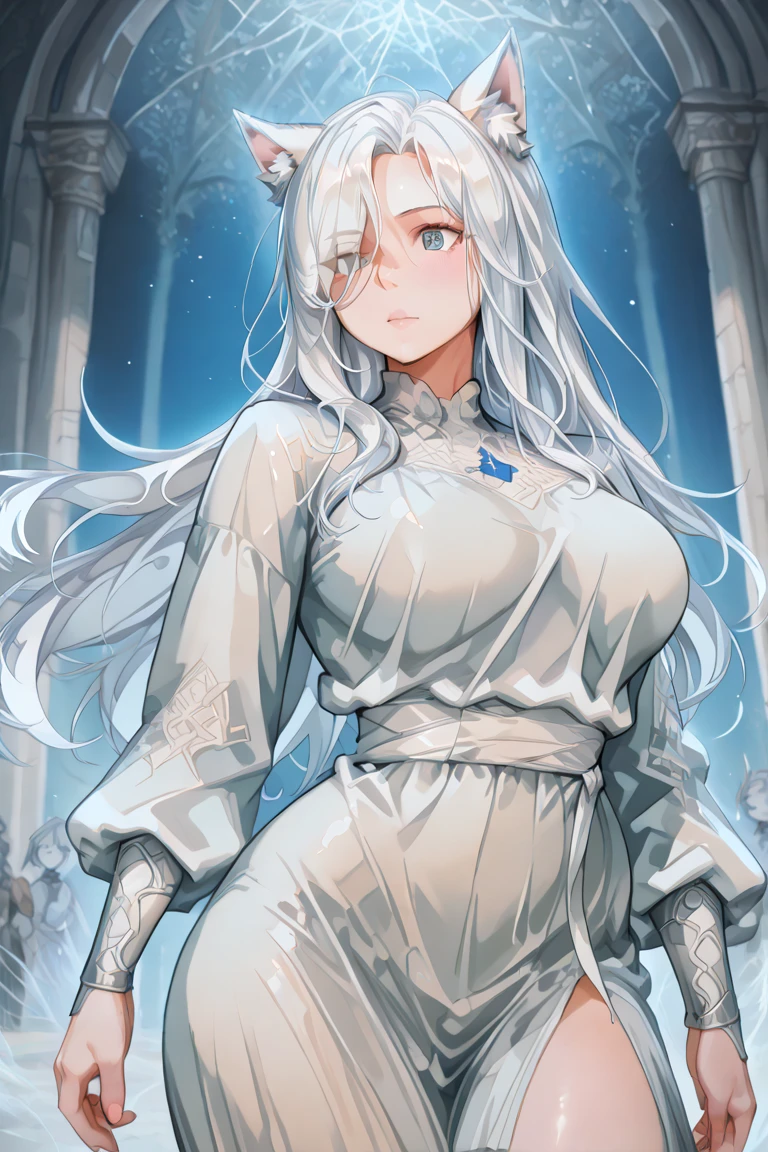 solo, female, sfw, medium shot, summer, silver hair, long hair, straight bangs, blue eyes, western architecture, church, fox tail, single tail, silver fox ears, silver tail, huge breasts, priestess, bangs over one eye, gentle smile, day