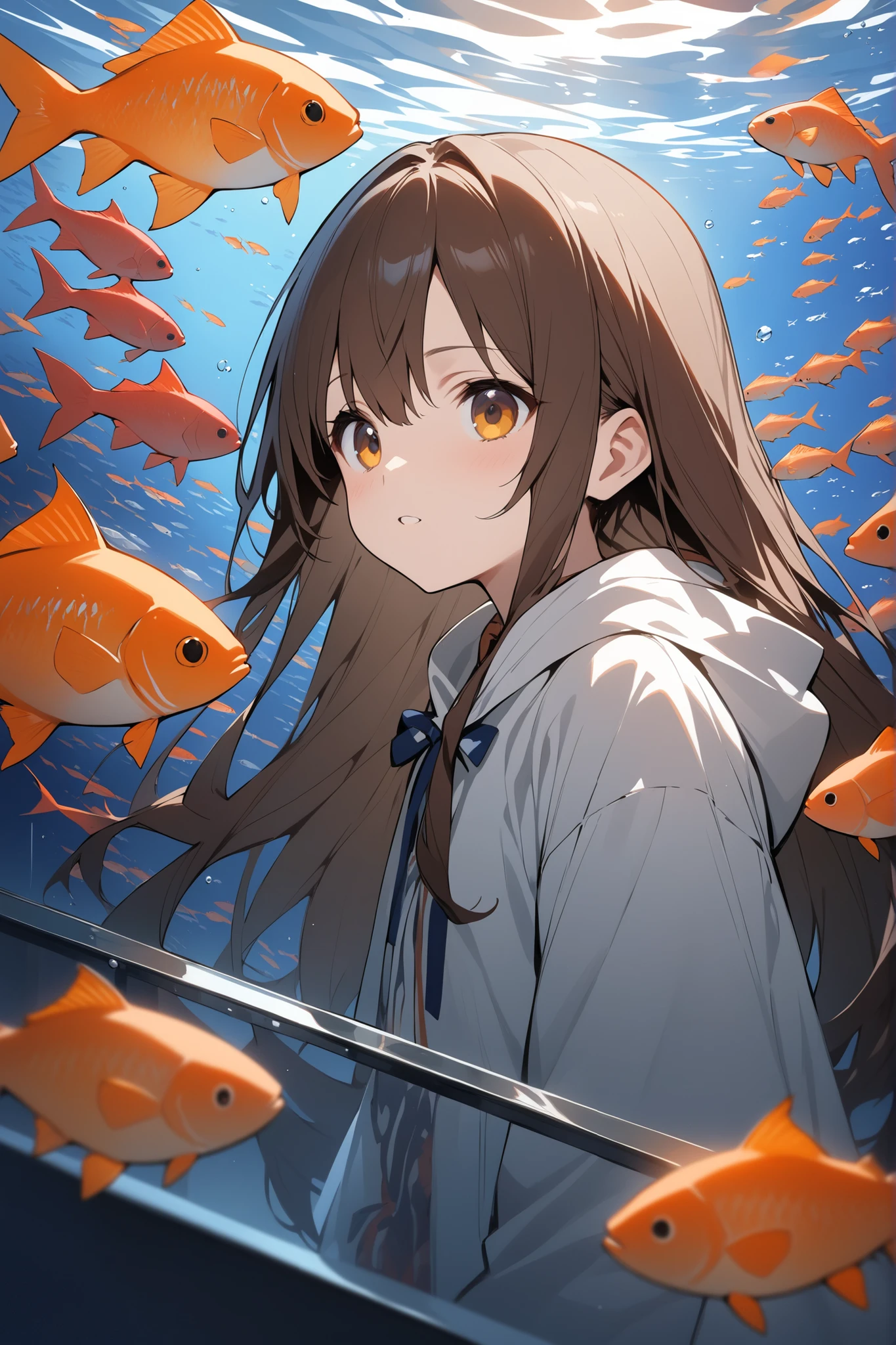 Leave it aloneの擬人化、Leave it alone、Personalization of fish、One person、long hair、18 years old、brown、Layered、sound、masterpiece、top quality、for all ages
