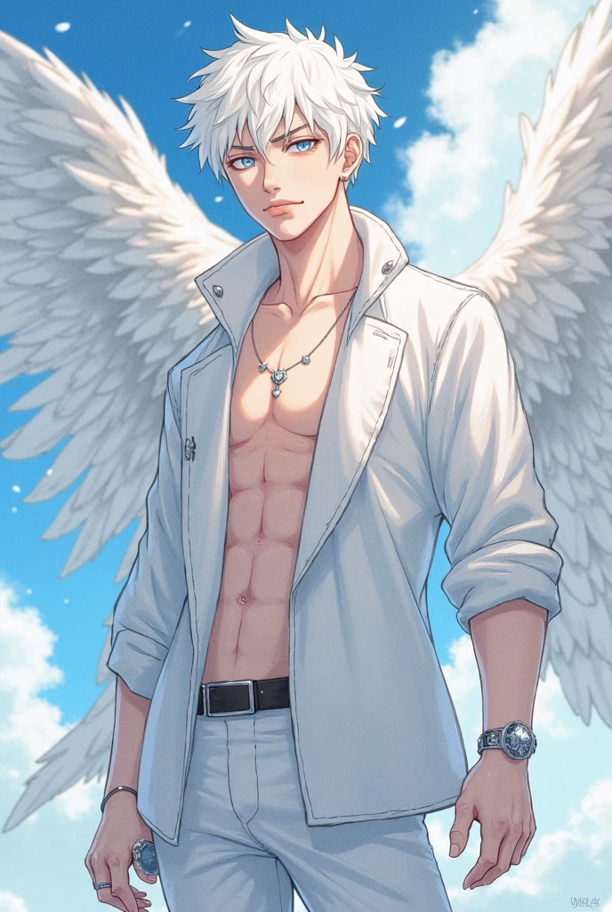 a male angel with light blue hair,bright golden eyes,perfect smile,average build,detailed eyes and face,extremely detailed skin,delicate facial features,heavenly atmosphere,cinematic lighting,intricate angelic wings,glowing aura,serene expression,masterpiece,photorealistic,8k,hyper detailed,dramatic lighting,cinematic,muted colors,soft warm glow