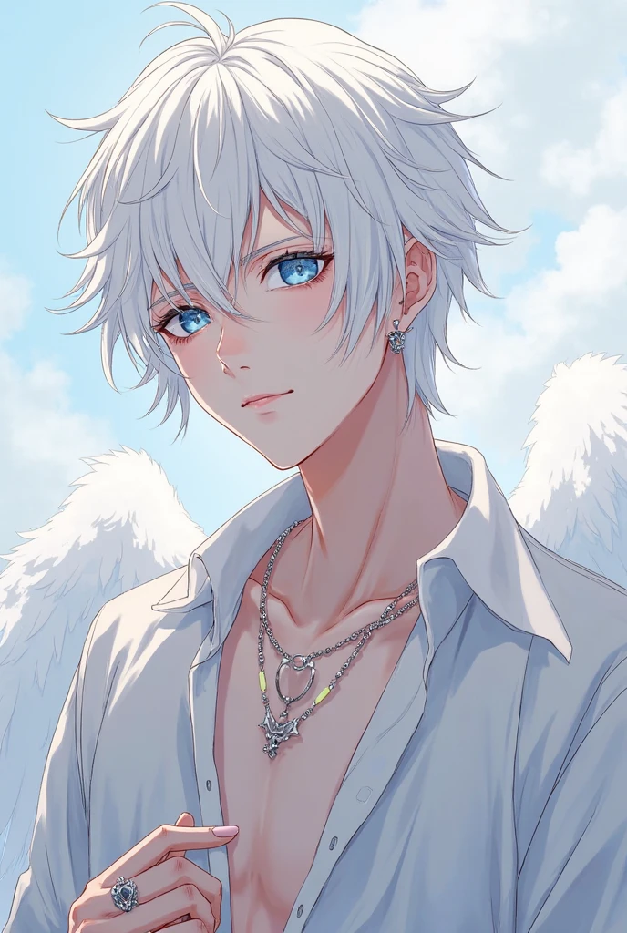 absurdres, highres, ultra detailed, HDR, master piece, best quality, Gojou Satoru, white hair, expressive blue eyes, white eyelashes, Jujutsu Kaisen, solo, sexy man, handsome, horny, lewd, Angel, halo, angel wings on his back, white fantasy clothes, accessories, showing the chest, cross necklace, white gloves, fantasy, magical, white roses, white petals, blue sky, church, Nu Carnival