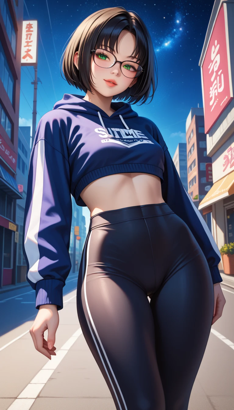 a woman wearing adidas leggings and a hoodie,her butt is showing,highly detailed,beautiful detailed eyes,long s