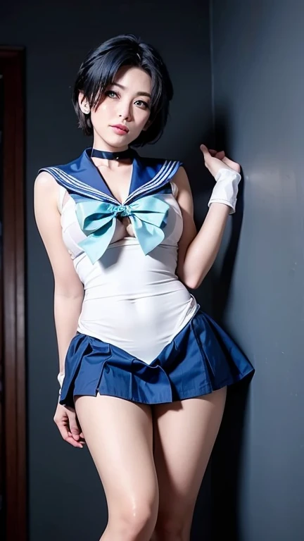 15 year old nerd girl、Having a blast dressed up as Sailor Mercury、Joy、Active pose、Raise your arms and jump、To NFSW、Panty shot、Very thin thighs