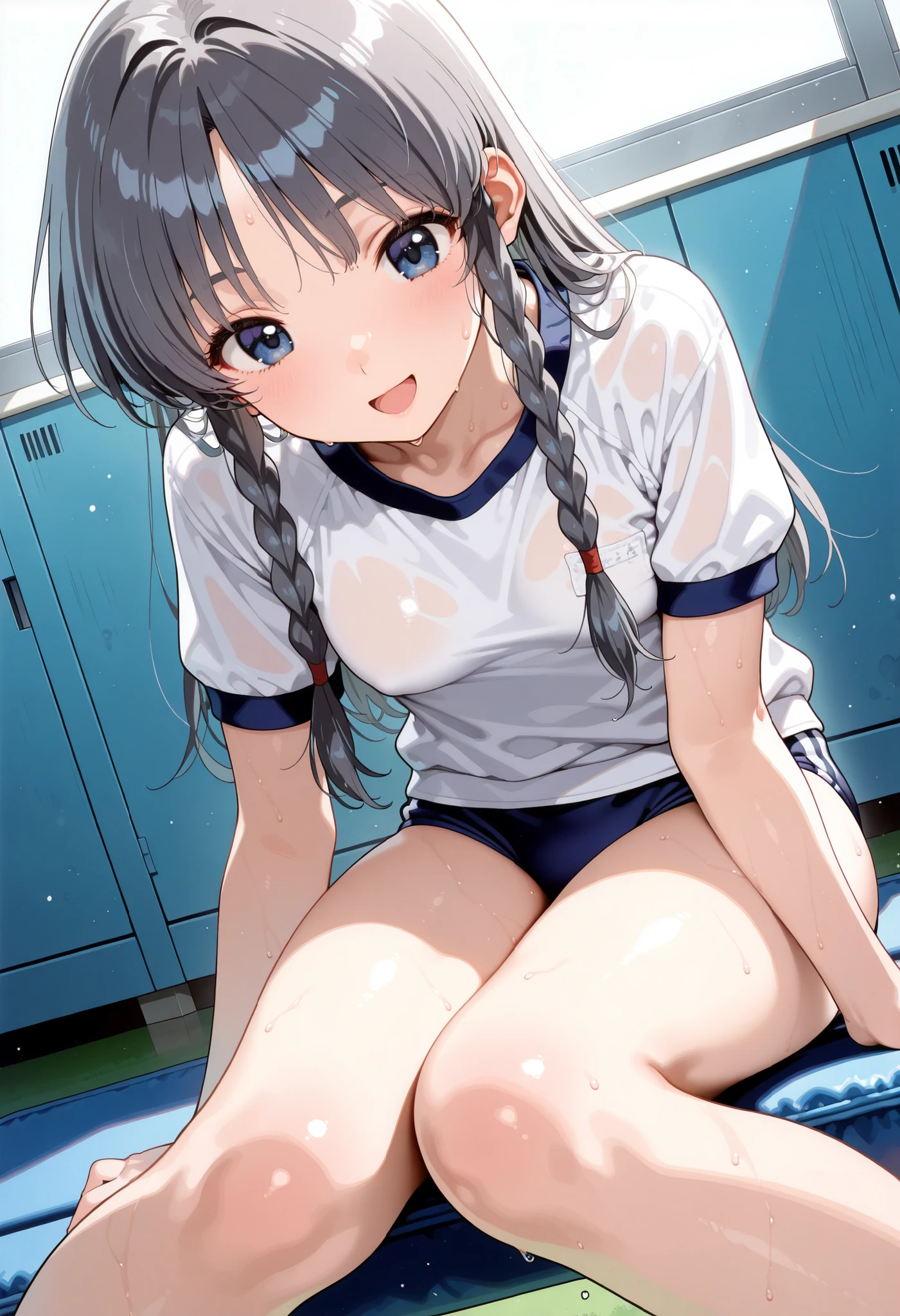 masterpiece,perfect anatomy,high resolution, ultra-detailed,beautiful detailed eyes,dutch angle,absurdres,1girl,solo,Manami Sugihara,small breasts,(dark grey hair),long hair,sidelocks,multiple braids,smile,open mouth,(white gym shirt, short sleeve,gym uniform,dark blue buruma:1.3),sweat,knees together feet apart,