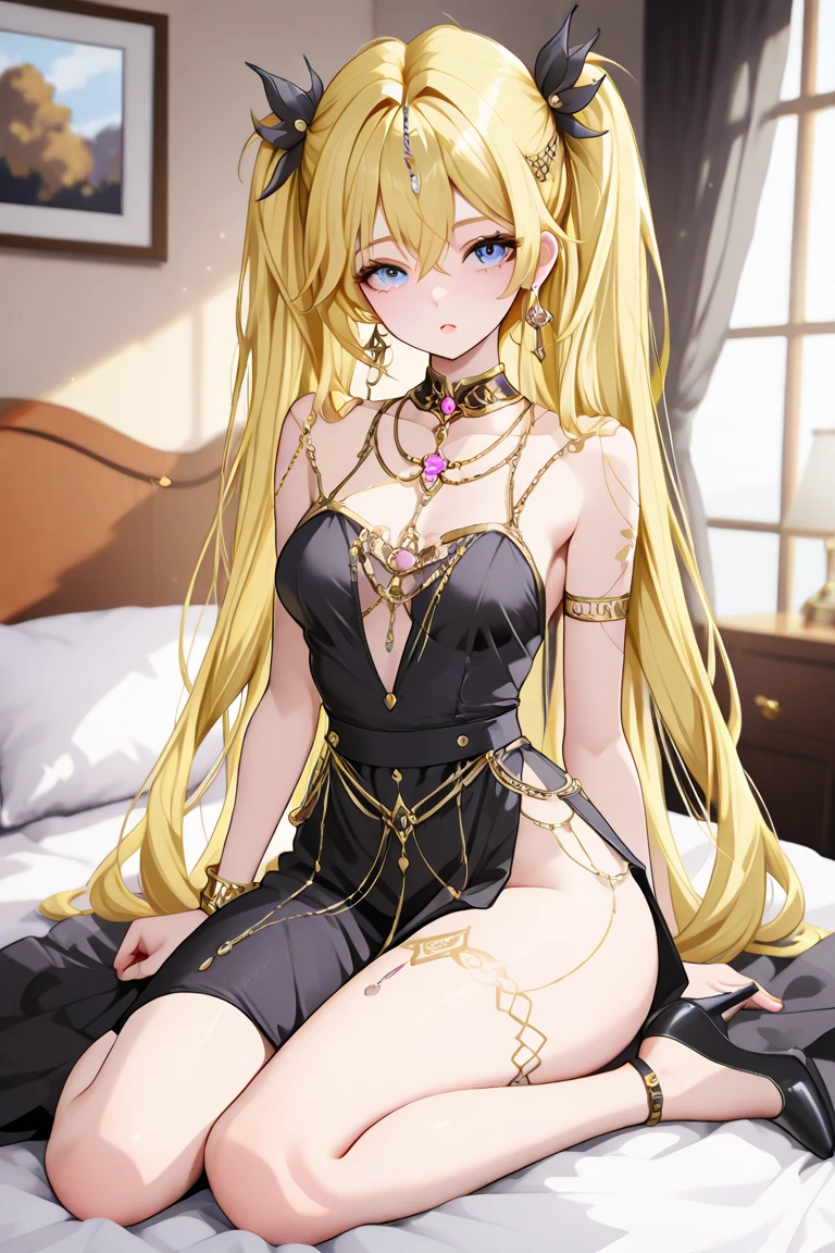 ((Highest quality)), ((masterpiece)), (detailed), (Perfect Face)、The woman smiles gently and looks expectantly at him as she spreads her legs wide open on the bed, seducing him by opening her pussy with her fingers.、The woman was a tiare with green eyes and medium-long blonde hair, and was wearing a luxurious, shiny, gold-colored, long-slit see-through dress with gorgeous embroidery and trim, which allowed her skin to show through, a gold-colored see-through cape, and a gold-colored see-through veil. She was wearing a gorgeous jeweled hair accessory, a jeweled head dress chain, a jeweled waist chain, a gorgeous necklace, bracelets, ankle bracelets, jeweled earrings, and shiny gold boots. She was also wearing an engagement ring.