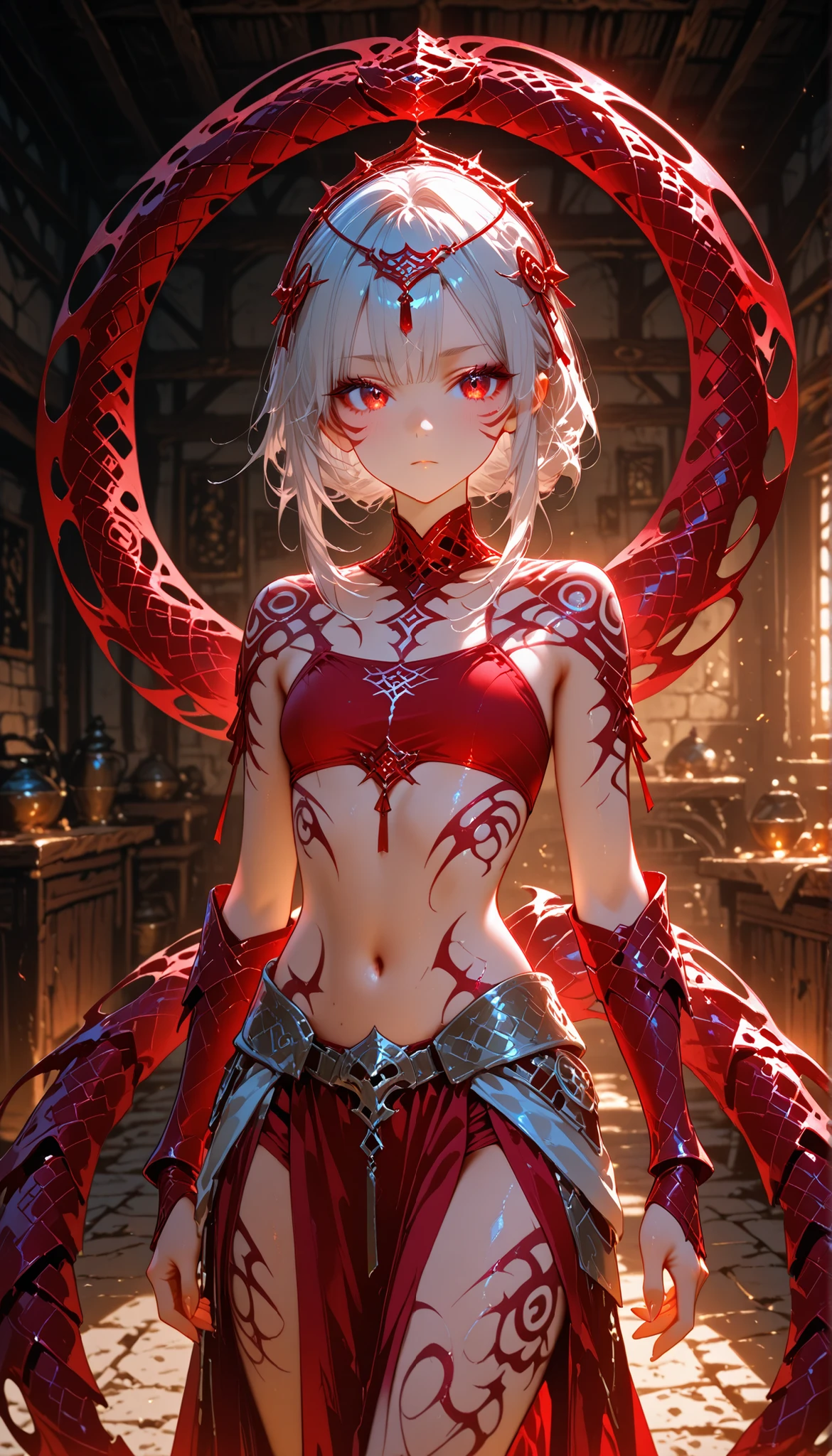 (Masterpiece: 1.2, highest quality), (Best lighting, very delicate and beautiful), (Best lighting, very delicate and beautiful), (Beautiful Detailed Face), (Detailed Eyes and Detailed Face: 1.2), Dark Fantasy, (Young Girl, Little Beast, 1girl, Solo, Crazy Smile, Pale Skin,Piercing,((tattoos all over the body,Tribal tattoos all over the legs)) gray hair, red glowing eyes, Dynamic Angle, Vampire), (Get Vampire Castle in the Background), (Red Moon, Red Sky), pointy_ears, Fangs, Ogre Wings, Demon Horns, Blood on Face, Blood Rain, Blood Mist, (Depth of Field), High Contrast, (Blood Splash: 1.4), Cowboy Shot, Full Body, Nightgown