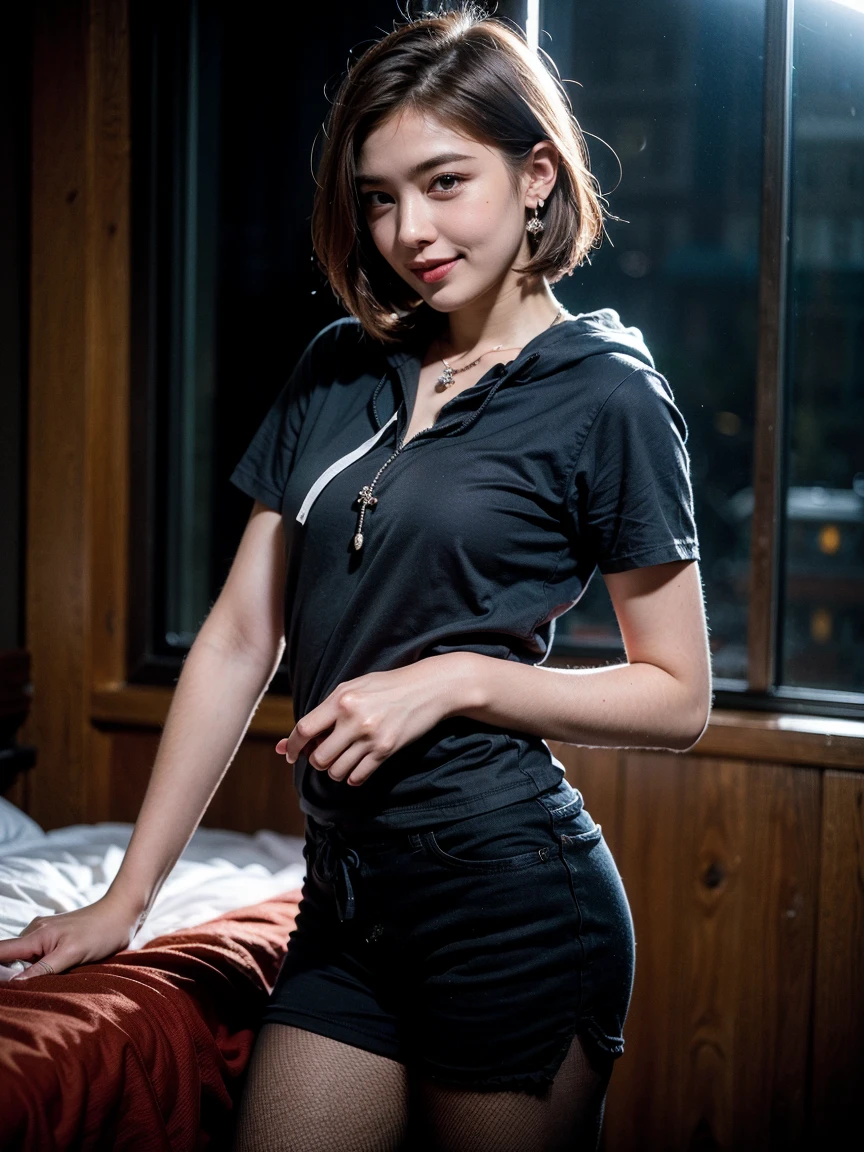 anime girl in a black shirt and shorts posing in a room, an anime drawing by Jin Homura, trending on pixiv, serial art, anime moe artstyle, seductive anime girl, anime visual of a cute girl, anime style 4 k, ecchi anime style, anime best girl, attractive anime girl, ecchi style, cute anime girl, young anime girl
