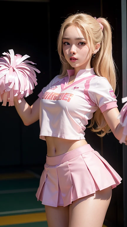 8k, ultrarealistic, ray tracing, unparalleled masterpiece, ultra realistic 8k CG, perfect artwork, ((perfect female figure)), 1girl, narrow waist, seductive posture, sexy pose, alluring, clean, beautiful face, pure face, pale skin, divine goddess, intricate detail, charismatic, charming, alluring, (erotic, seductive, teasing:1.1), divine, clean, prestige, supreme, apex, paramount, goddess, delicate pattern, queen, supernatural, phenomenal, fabulous, marvelous, stupendous, terrific, extremely detailed face, super idol face,((an extremely delicate and beautiful)), (ulzzang-6500:0.7), blond hair, solo, performing cheer routine (cheerleader, loose extremely short shirt, bottom boob, super short miniskirt, navel:1.4), (camel toe:1.3), (pink and white uniform:1.8),(nsfw:1.35)