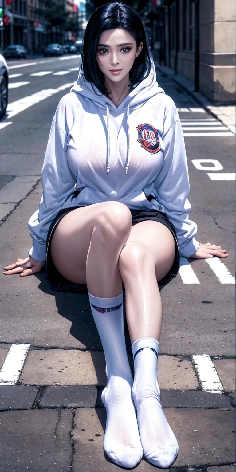 One 17 years old girl,short hair,blue hair mixed colored red hair,((jersey,sports style)),rage,laugh,grin,slender body,socks,sneakers.