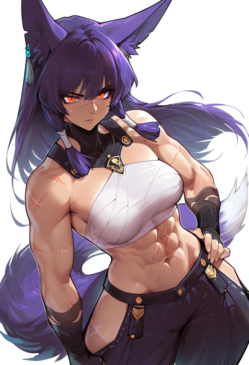 Wolf girl with abs in a bikini, holding breasts, large breasts, navel piercing