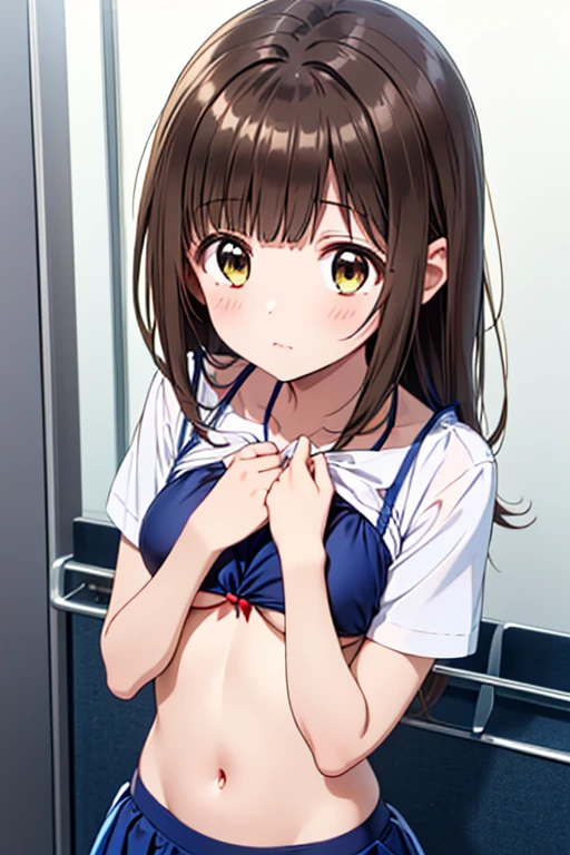 clothes lift, 1girl,23yo. bangs, blush, shirt, swimsuit, simple background, stomach, bikini, white background, white shirt, long hair, small breasts, closed mouth, blue eyes, open mouth, short hair, thighs, smile, large breasts, medium breasts, underboob, underwear, dress