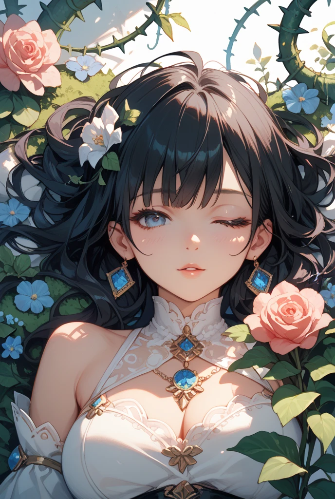A beautiful girl, hair over the shoulder, clear eyes, smooth hair, exquisite and perfect facial features, the most beautiful big eyes, long eyelashes, sweet eyes with lying silkworms, pout, dynamic angle, ultimate picture quality, the highest precision, accurate and perfect human body, necklace, bust, close-up, outdoors, background is flowers and plants, aerial shot,