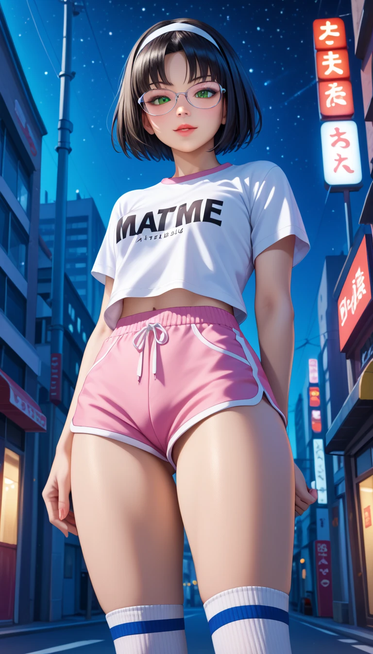 A girl wearing glasses, short black hair, a basketball outfit with a crop top and shorts, looking shy, sitting with her back bent, revealing her back and thighs.