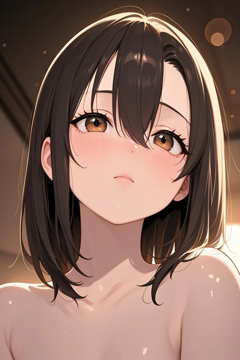nsfw,1girl,Face focus,topless,High angle,portrait,masterpiece, best quality, very aesthetic, absurdres,(front View),(medium shot),(hair over breasts),(long),(cowboy shot)
