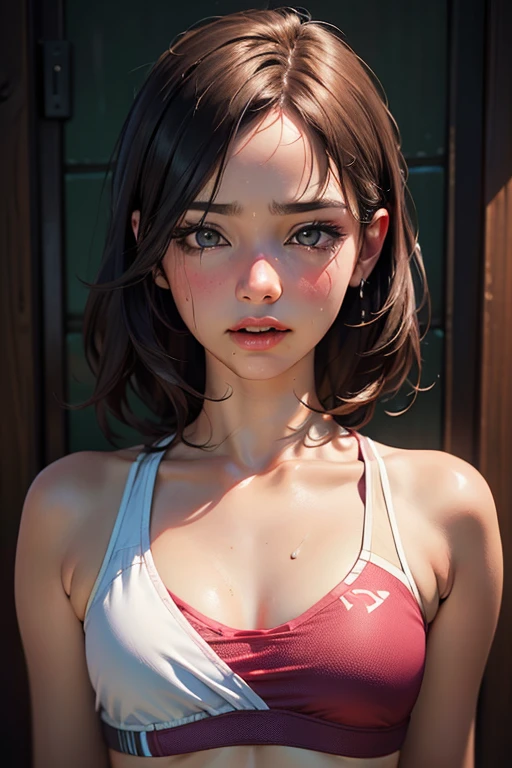 one asian girl, ada wong, solo, abs, slender body, (upper body, bust:1.2), black eyes, black hair, (red clothes, tiny breasts, small breasts, male chest, exposed breasts, transparent bra, neeples slip:1.5), bare shoulders, masterpiece, highly detailed, look at viewer, shiny blured orange background, gradient sprayed background, front view, gradient red purple background, blured background, glowing edges of image