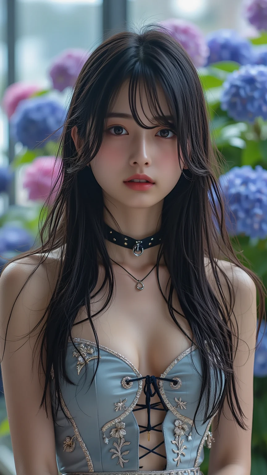 nsfw, photorealistic, wavy hair, (monokini:1.3), (ulzzang:1.3), idol, (full body: 1.3), (on the mountain:1.3), (view from front:1.2), double eyelid, dark blue hair, close-up shot, hairpin, blue circle lens, purple hair, glamorous, (large breasts:1.2), (big pelvis:1.2), makeup, seductive smile, 85mm, masterpiece, textured skin, super detail, masterpiece, best quality, platinum necklace, cute, (dynamic lighting:1.2), cinematic lighting, delicate facial features, detailed eyes, sharp pupils, realistic pupils,