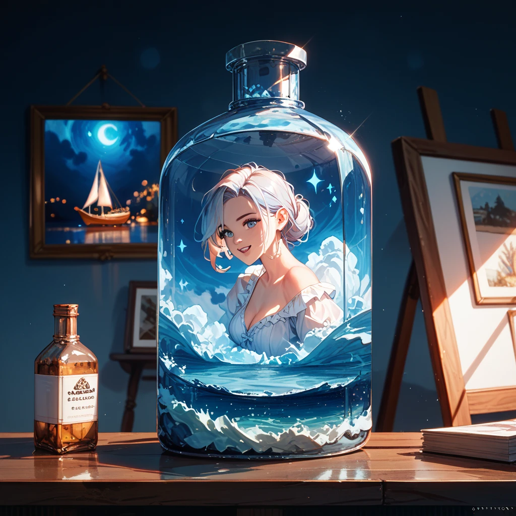 Masterpiece, high resolution, anime style beautiful girl, being in a dirty beaker, immersed in liquid, homunculus, magic circle, small room with phosphorescent flash, perfect beautiful girl, no clothes, luminous from within, staring at the viewer, laughter, 3d rendering, perspective, amazing anime illustration, impressive lighting, fantastic, dangerous, monstrous