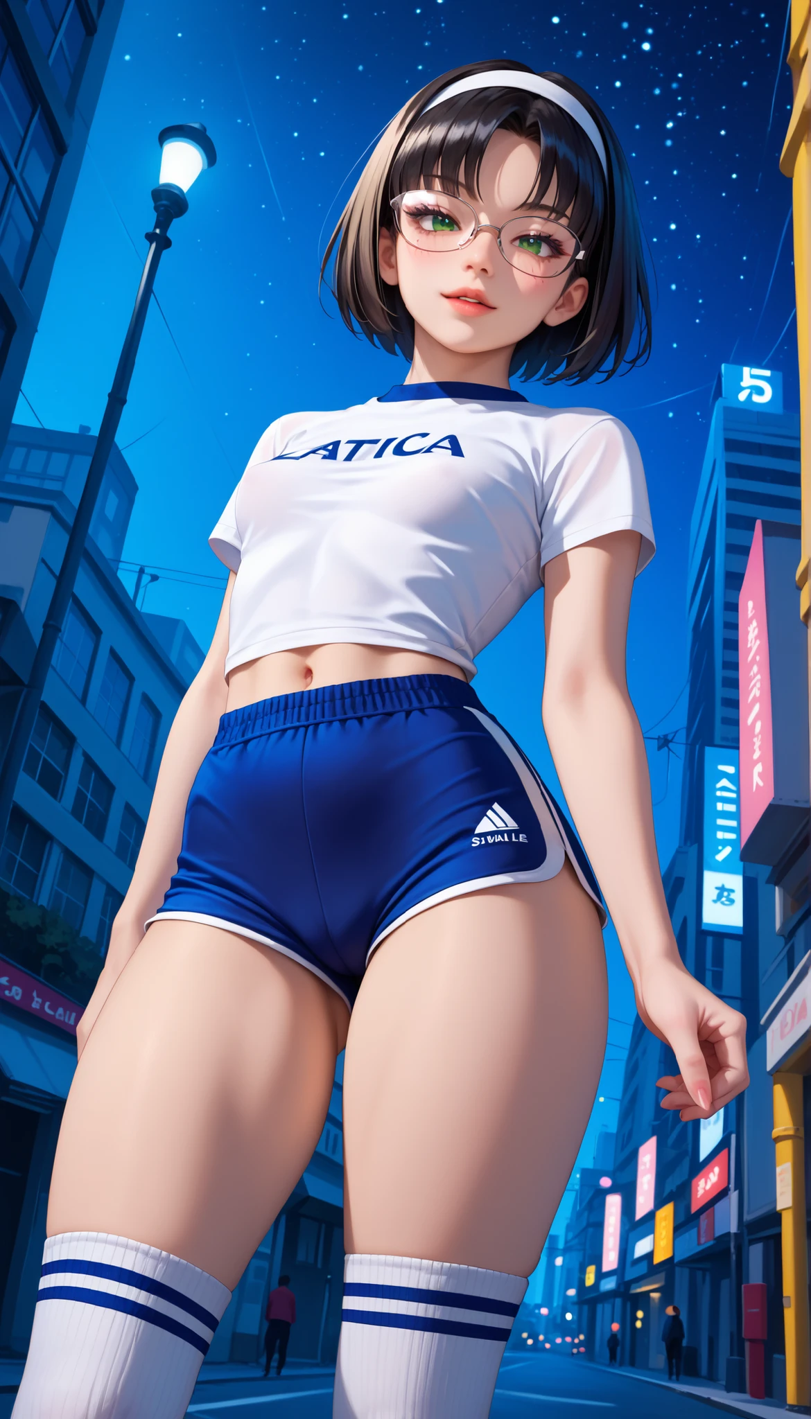 (ultra-detailed), (Ultra-high resolution), (8k), (HD), (High Quality), (Top quality), (High-Detailed), (Detailed CG), (Cinematic Shadow:1.0), (Beautiful Detailed Eyes), (Ultra Resolution), (Depth of Field), (High Resolution), (Masterpiece), (best quality), (amazing quality), (very aesthetic), (perfect eyes), (Anime Art style), (look at viewer), (cowboy shot), 1girl, Tomie, (solo:1.4), black hair, bob hair, parted bangs, Alice band in hair, green eyes, eyeglasses, cropped Addidas t-shirt, short sports jersey shorts, thigh high sports socks, small breasts, perky breasts, slender build, long legs, thick thighs (thigh bulge in socks) standing, hands by side, arms by side, an urban street city, night sky, starry sky, view from below