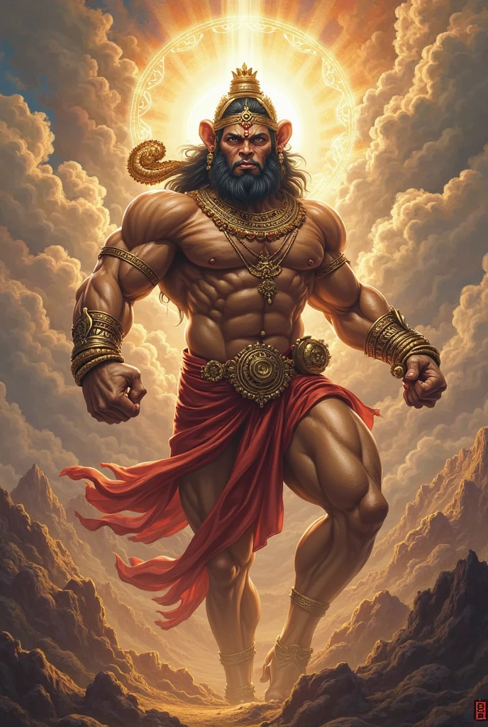 "Create a realistic image of Lord Hanuman, the revered Hindu deity, with a more distinct monkey-like appearance. Depict him with a strong, muscular body covered in reddish-brown fur. His face should closely resemble that of a monkey: a broad, flat nose, a pronounced snout, a wide mouth with visible sharp teeth, and large, round, expressive eyes filled with devotion and strength. His ears should be rounded and positioned like a monkey's, with a slightly protruding jawline. Hanuman is wearing a golden crown adorned with colorful gemstones and a tilak (sacred mark) on his forehead. His attire includes a red dhoti with a golden border, and he is adorned with traditional golden jewelry like necklaces, bracelets, and anklets. His long, curled tail rises upward behind him. In one hand, he holds a golden mace (gada), and in the other, he lifts a mountain of herbs. The background is a divine landscape with a glowing, radiant aura and a vibrant sky filled with soft, golden clouds, enhancing his divine and heroic aura."