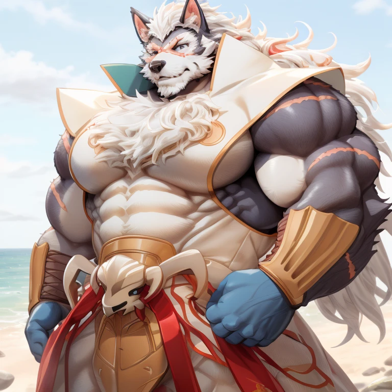 PRO competitive bodybuilder, nj5furry, ( albino, Leomon, massive, huge, muscular), albino Leomon, ((extremely realistic shadows, masterpiece, extremely detailed, photorealistic)), kemono, looking at the viewer, ((FRONT)), silver mane, Leomon albino, ((detailed face)) red nose, blue eyes, ((detailed eyes)), white skin, white fur, white hair, height 3 meters high, the optimal height, tight clothing, 190 kg, body full of huge muscles; bulge in the crotch, muscle and bulge pecs, ripped abs, V-shaped body, thick waist, long legs, strong arms manly, handsome face, attractive cool calm face type with a kindsmile, topless. Beach, night, moon, moon rays, nebula; he wears a blue and white cloth ornament loincloth revealing huge muscular thighs. ((illuminated)) He has an aura of wisdom and tranquility around him, although he has a kind smile, his eyes have some sadness.